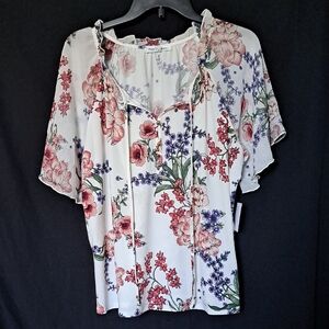 Floral Tie-Front Ruffle Blouse Short Sleeve Top Women's Perception Concept  New